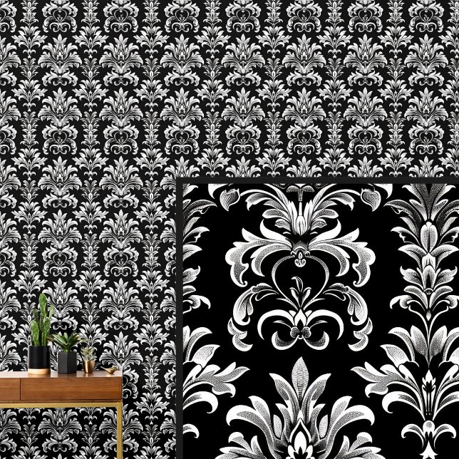 White on Black Gothic Damask Elegant Tapete (Von Creator hochgeladen)