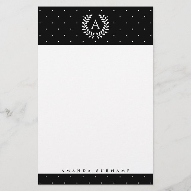 White On Black Laurel Monogram Polka Dot Pattern Briefpapier (Vorderseite)