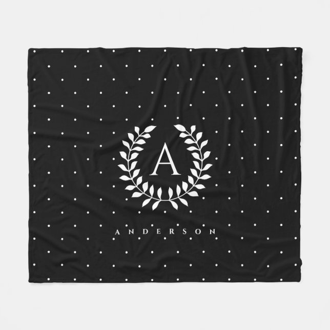 White On Black Laurel Monogram Polka Dot Pattern Fleecedecke (Vorderseite (Horizontal))