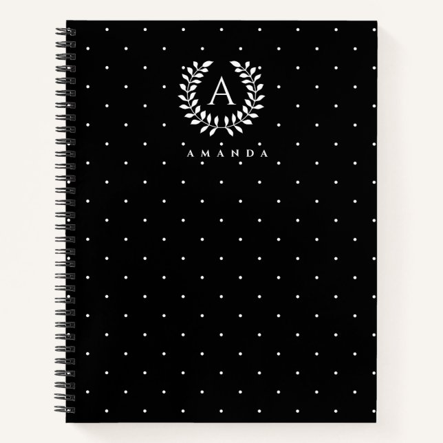 White On Black Laurel Monogram Polka Dot Pattern Notizbuch (Vorderseite)