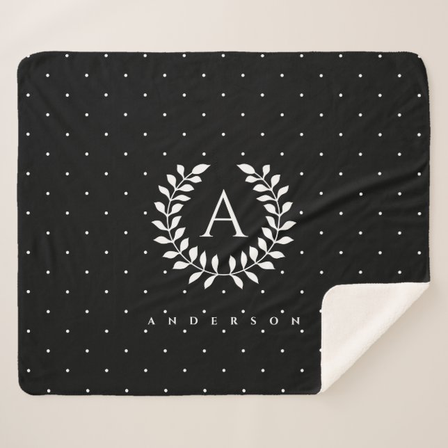 White On Black Laurel Monogram Polka Dot Pattern Sherpadecke (Vorderseite (Horizontal))