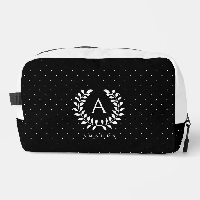 White On Black Laurel Monogram Polka Dot Pattern Waschbeutel (Vorderseite)