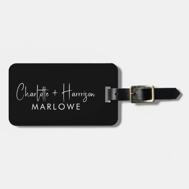White On Black Monogram Handwritten Script Names Gepäckanhänger (Vorderseite horizontal)