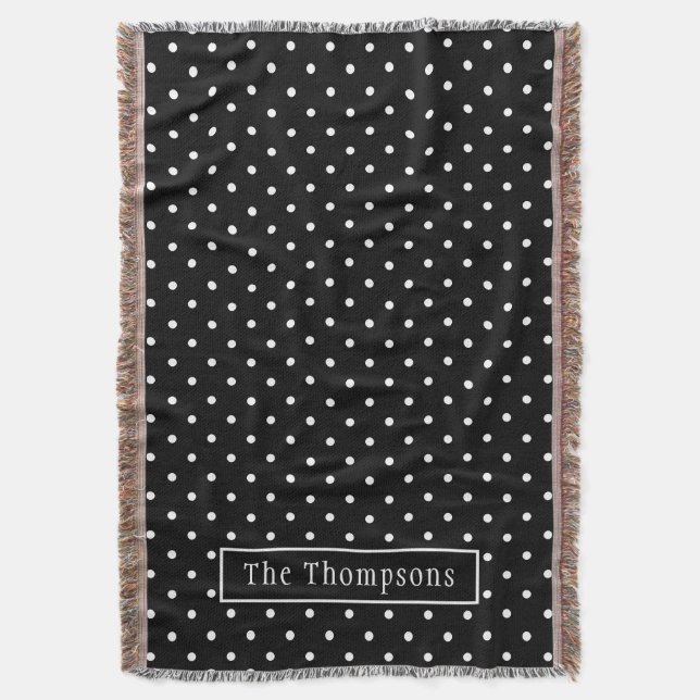 White On Black Polka Dots Pattern With Custom Name Decke (Vorderseite Vertikal)