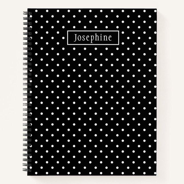 White On Black Polka Dots Pattern With Custom Name Notizbuch (Vorderseite)