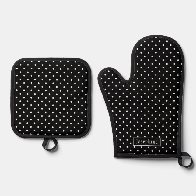 White On Black Polka Dots Pattern With Custom Name Ofenhandschuh & Topflappen-Set (Vorderseite)