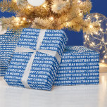 White on Blue Christmas Typografy Wrapping Paper Geschenkpapier<br><div class="desc">Frohe Weihnachts Typografie verpacken Papier weiß auf blauem Muster. Passen Sie die Hintergrundfarbe unter anderen Optionen einfach an.</div>