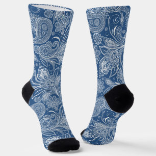 White on Blue Islamic Motive Paisley Pattern Socken