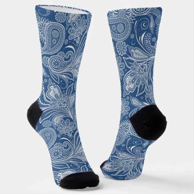 White on Blue Islamic Motive Paisley Pattern Socken (Gewinkelt)