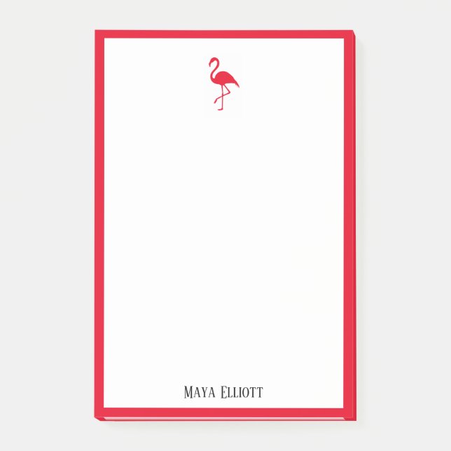 White on Bright Cherry Red Flamingo & Border, Name Post-it Klebezettel (Vorderseite)
