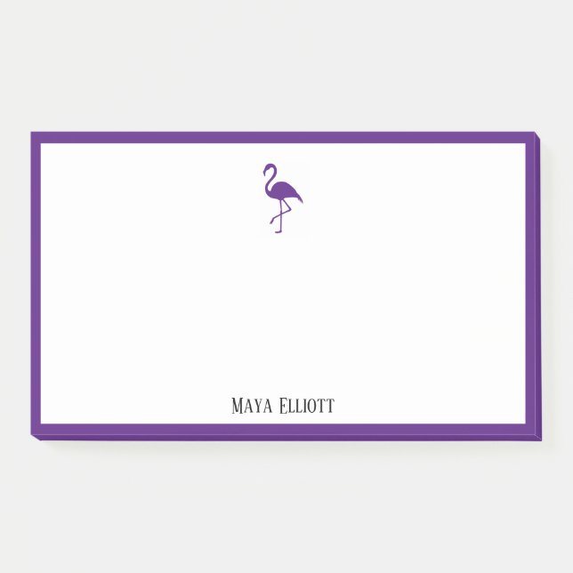 White on Bright Lila Flamingo & Border mit Name Post-it Klebezettel (Vorderseite)