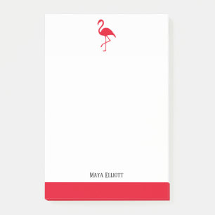 White on Bright Red Flamingo & Border mit Namen Post-it Klebezettel