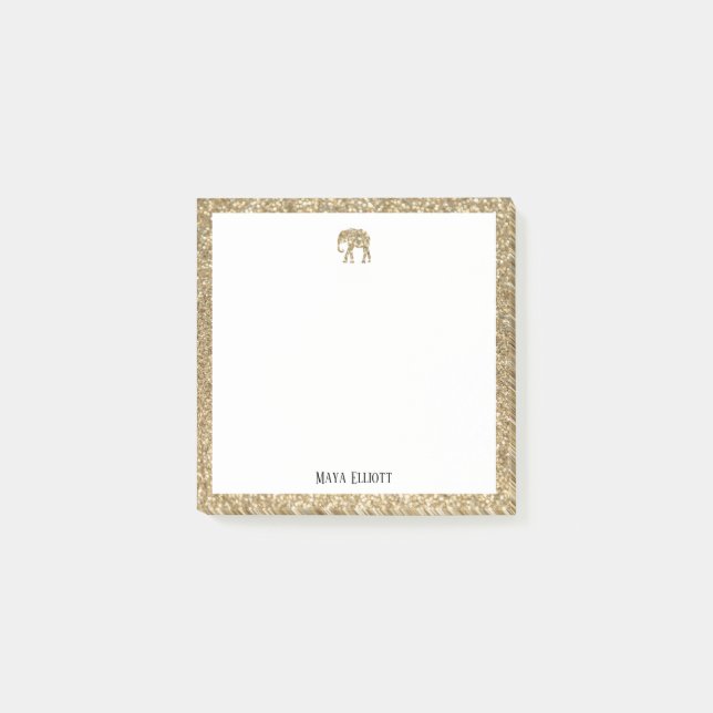 White on Gold Imitats Glitzer Elephant & Border Post-it Klebezettel (Vorderseite)