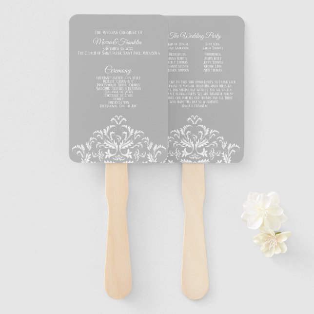 White on Gray Elegant Damask Wedding Program Fan Fächer (Vorne und Hinten)