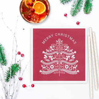 White on Red Scandinavian Christmas Tree Serviette