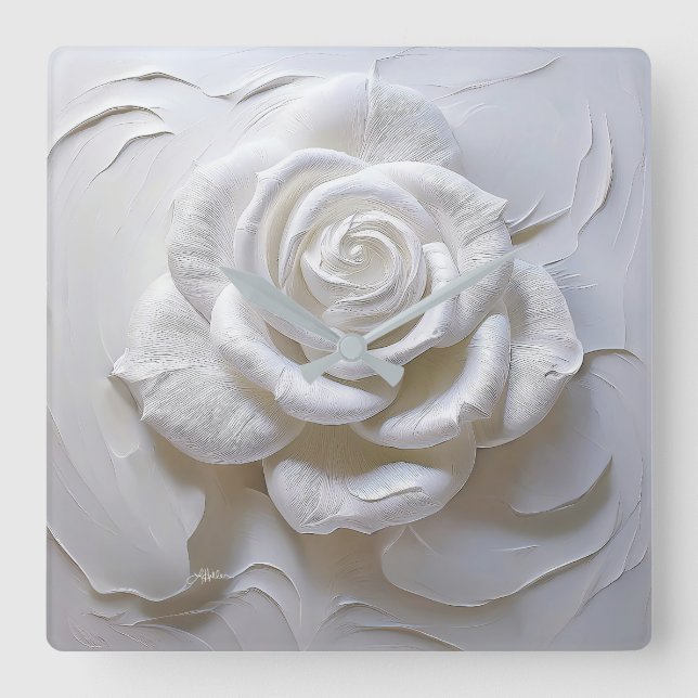 White on White - Skulptur Rose Quadratische Wanduhr (Vorderseite)