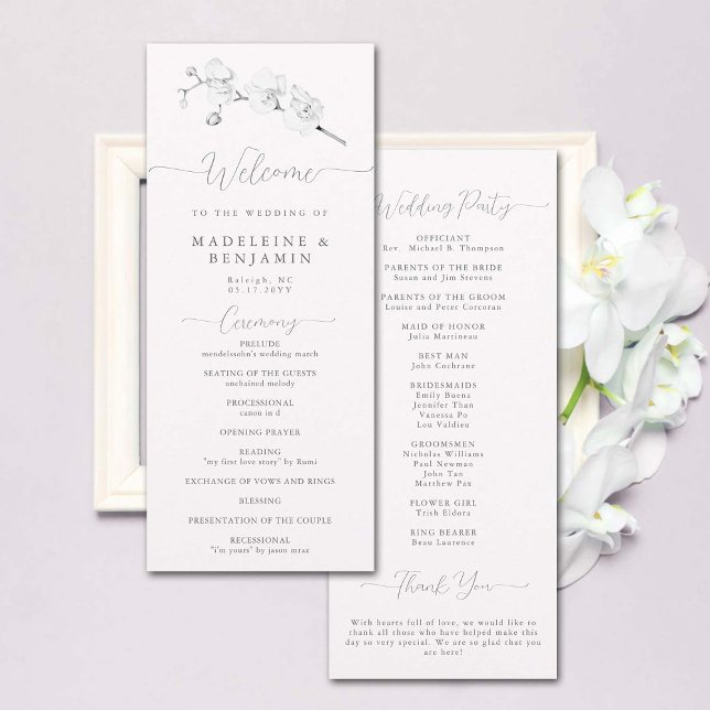 White Orchid Einfaches elegantes Programm für feie (wedding ceremony program black white orchid floral art sketch elegant modern classic formal chic)