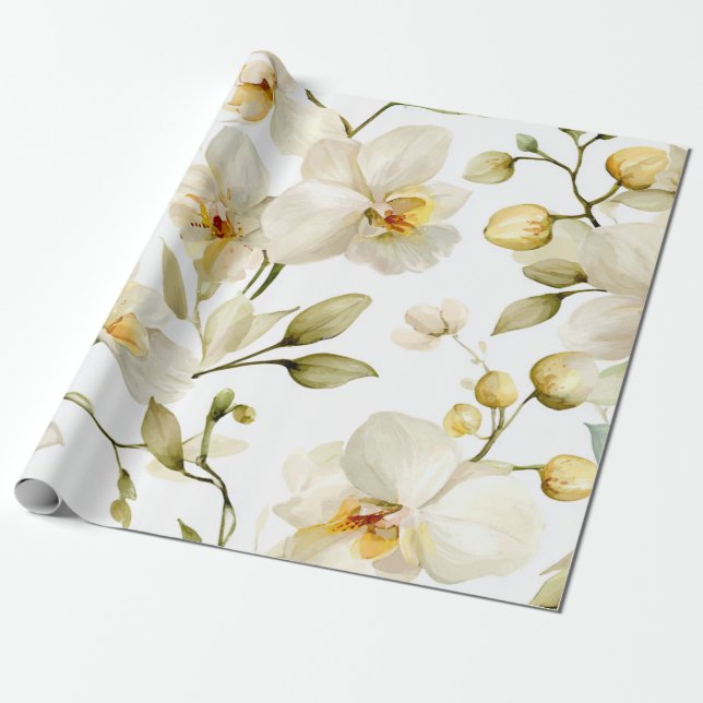 White Orchid Elegant Yellow Floral Botanical  Geschenkpapier (Ungerollt)
