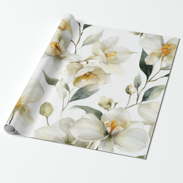 White Orchid Elegant Yellow Floral Botanical  Geschenkpapier (Ungerollt)