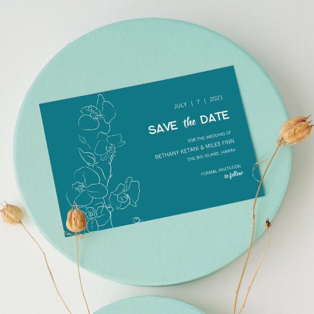 White Orchid - Modernes Tropical Save the Date (White Orchid Save the Date with Teal Background)