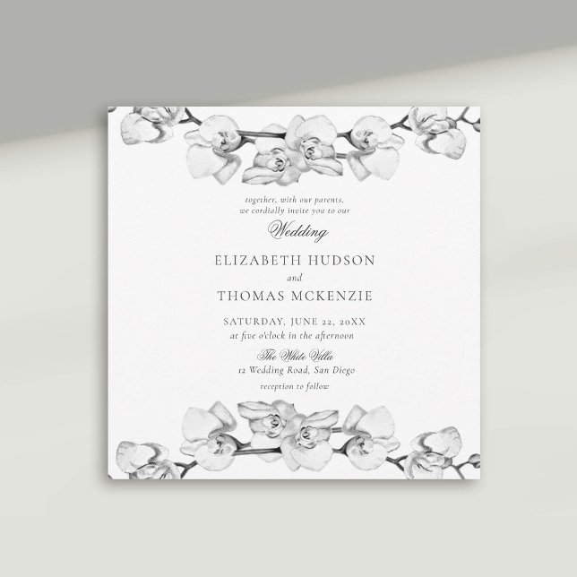 White Orchids Art Sketch Moderne romantische Hochz Einladung (white orchid wedding invitation modern classic art sketch black white)