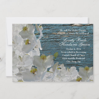 White Orchids Blue Wood Damask Einladung Hochzeit