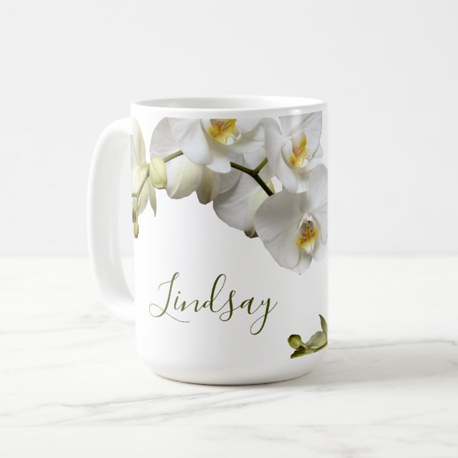 White Orchids Name Template Elegante Geschenkidee  Kaffeetasse (Vorderseite Links)