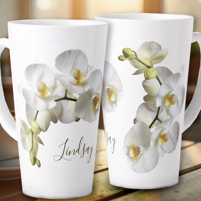 White Orchids Name Template Elegantes Geschenk Lat Milchtasse (Von Creator hochgeladen)