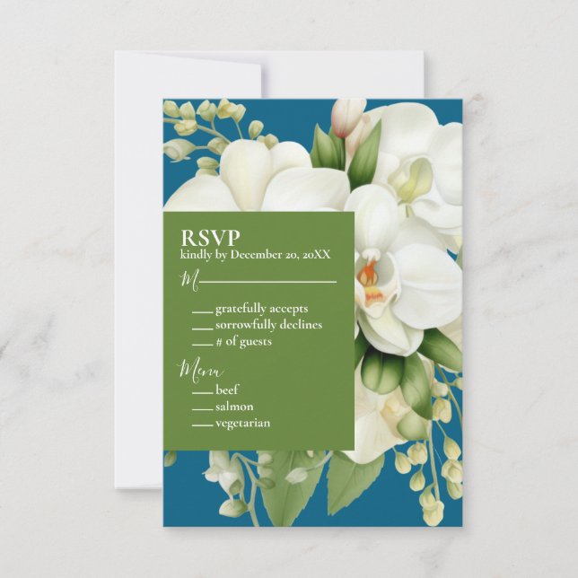 White Orchids Ocean Blue Wedding Einladung (Vorderseite)