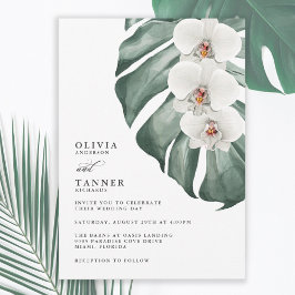 White Orchids on Monstera Tropical Wedding Einladung