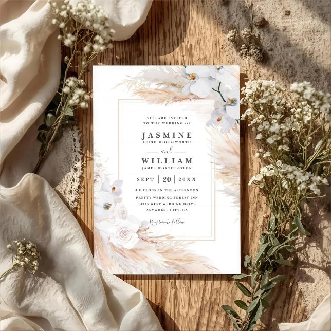 White Orchids Roses Pampas Grass QR Code Wedding Einladung (Von Creator hochgeladen)