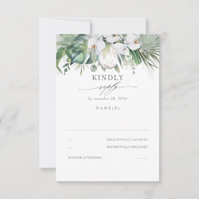 White Orchids und King Protea Wedding RSVP Karte (Vorderseite)