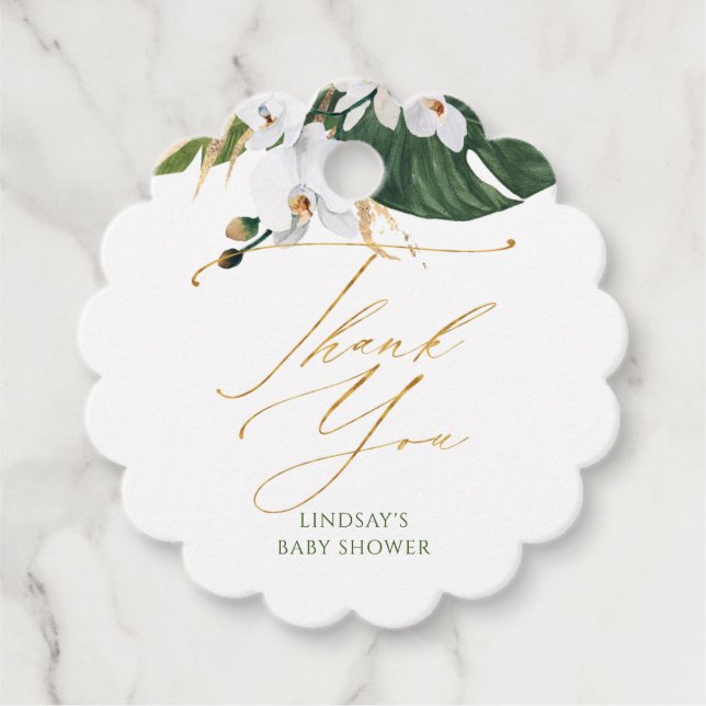 White Orchids und Palm Leaf Babydusche Vielen Dank Geschenkanhänger (Vorderseite)