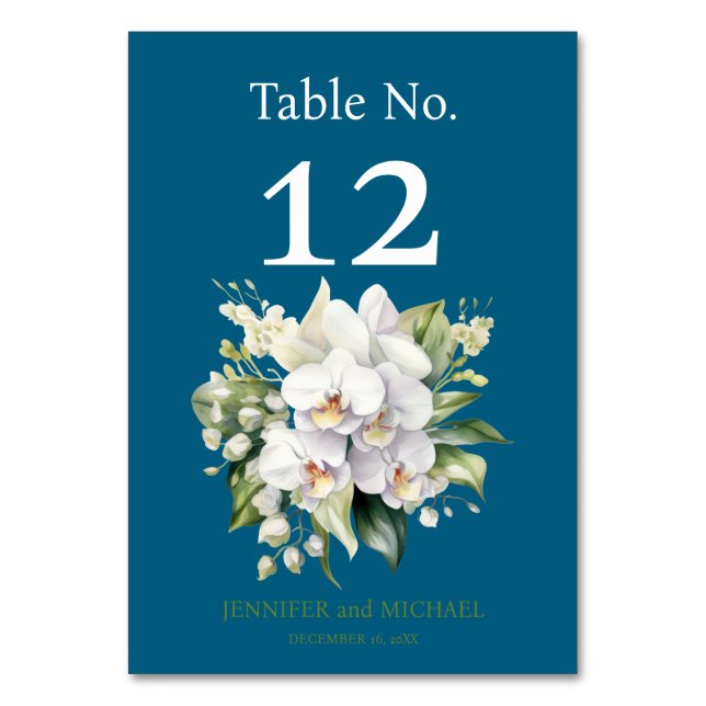 White Orchids Watercolor Hochzeitsstimmung Tischnu Tischnummer (Vorderseite)