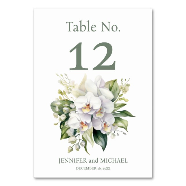 White Orchids Watercolor Hochzeitsstimmung Tischnu Tischnummer (Vorderseite)
