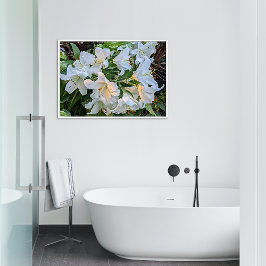 White Oriental Lily Blooms Blues Fotodruck