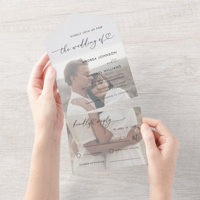 White Overlay Foto & Modern Heart Script Wedding All In One Einladung (Abreißen)