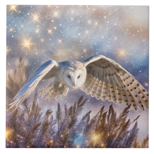 White Owl Mystical Magic Fantasy in Flight Fliese (Vorderseite)