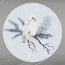 White Owl Pine Branch Wasserfarbe Runder Aufkleber