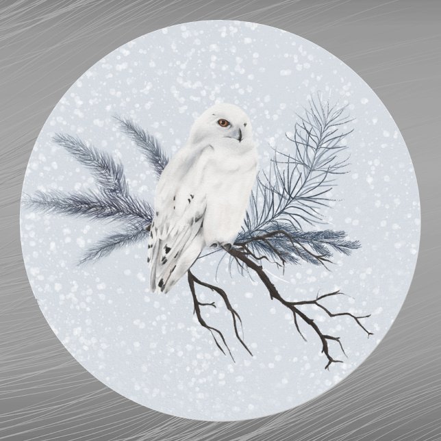 White Owl Pine Branch Wasserfarbe Runder Aufkleber (Von Creator hochgeladen)