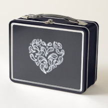 White Paisley Heart on Black Lunch Boxes