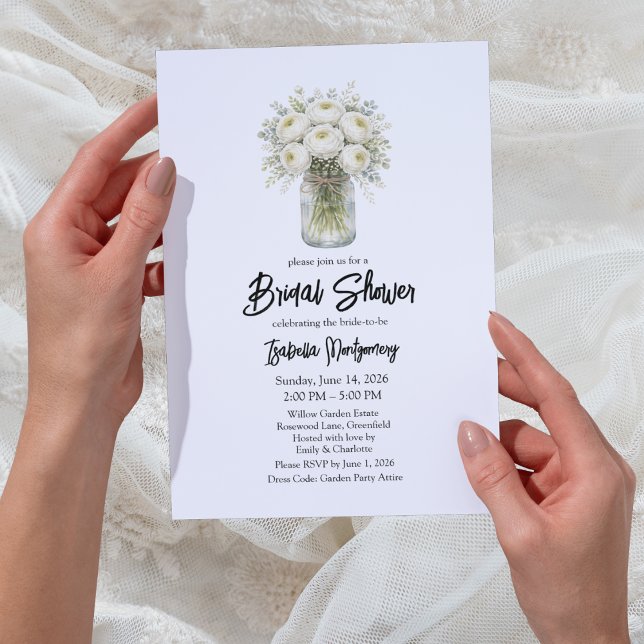 White Palette Ranunculus Mason Jar Bridal Shower Einladung (White Palette Ranunculus Mason Jar Bridal Shower Invitations
)