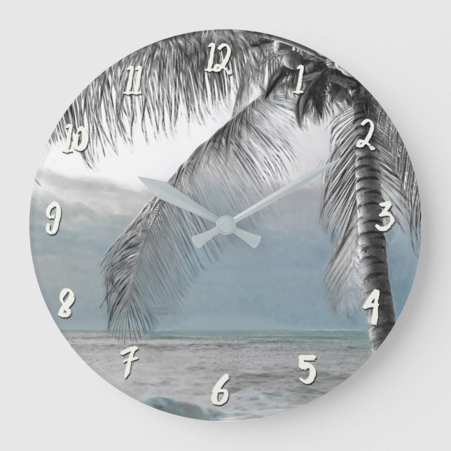 White Palm Coconut Tree Elegantes Strandparadies Große Wanduhr (Vorderseite)