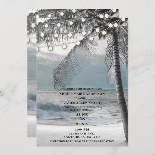 White Palm Coconut Tree & Lights Beach Wedding Einladung (Vorne/Hinten)