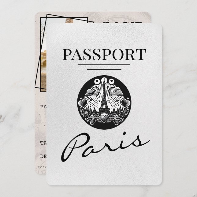 White Paris Passport Save the Date (Vorne/Hinten)