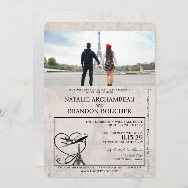 White Paris Passport Wedding Einladung (Vorne/Hinten)