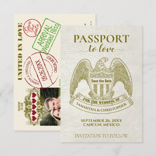 White Passport zur Liebe Spaß Hochzeit in Urlaubso Save The Date (Vorne/Hinten)