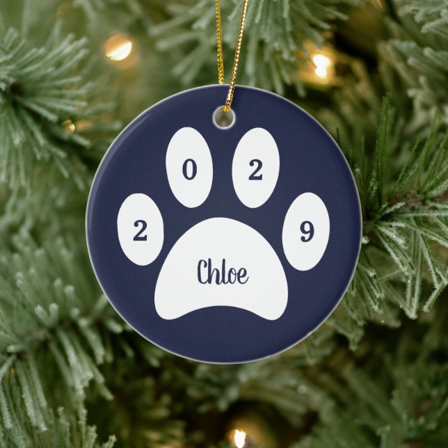 White Paw Print Navy Blue Cat Foto mit Name Year Keramik Ornament (Baum)