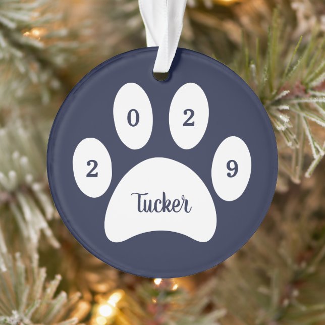 White Paw Print Navy Blue Dog Foto mit Name Year Ornament (Baum)