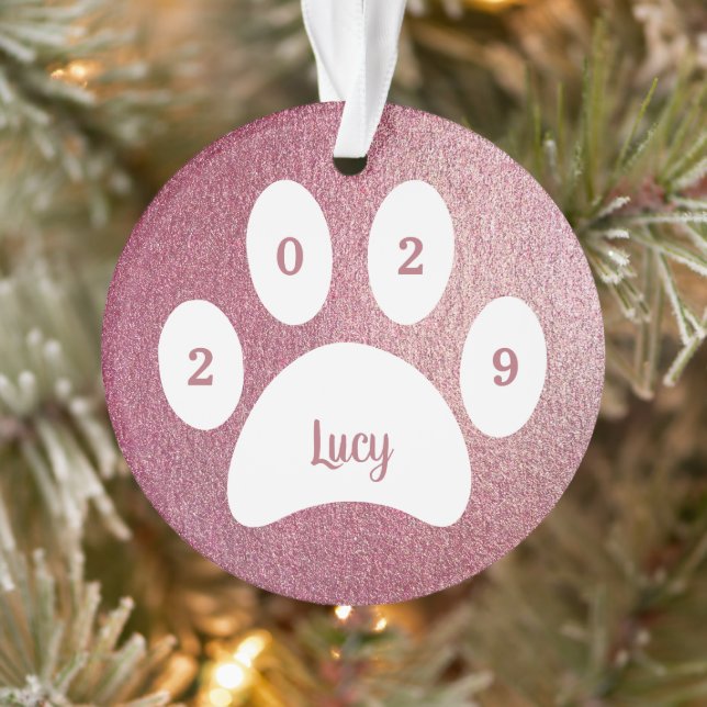 White Paw Print Rose Gold Dog Foto mit Name Year Ornament (Baum)